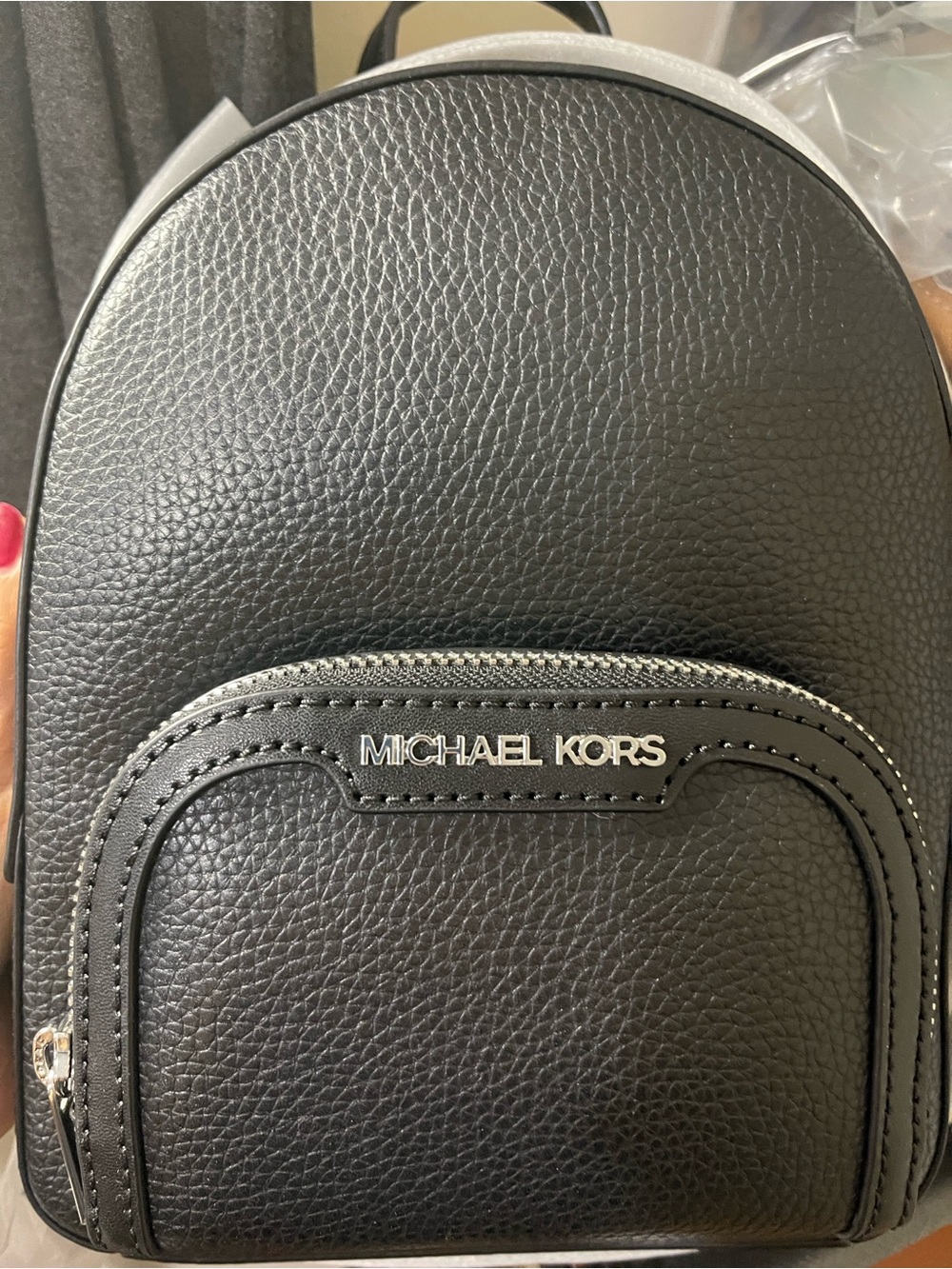 Michael Kors Black Pebbled Leather Mini Backpack with Silver Logo